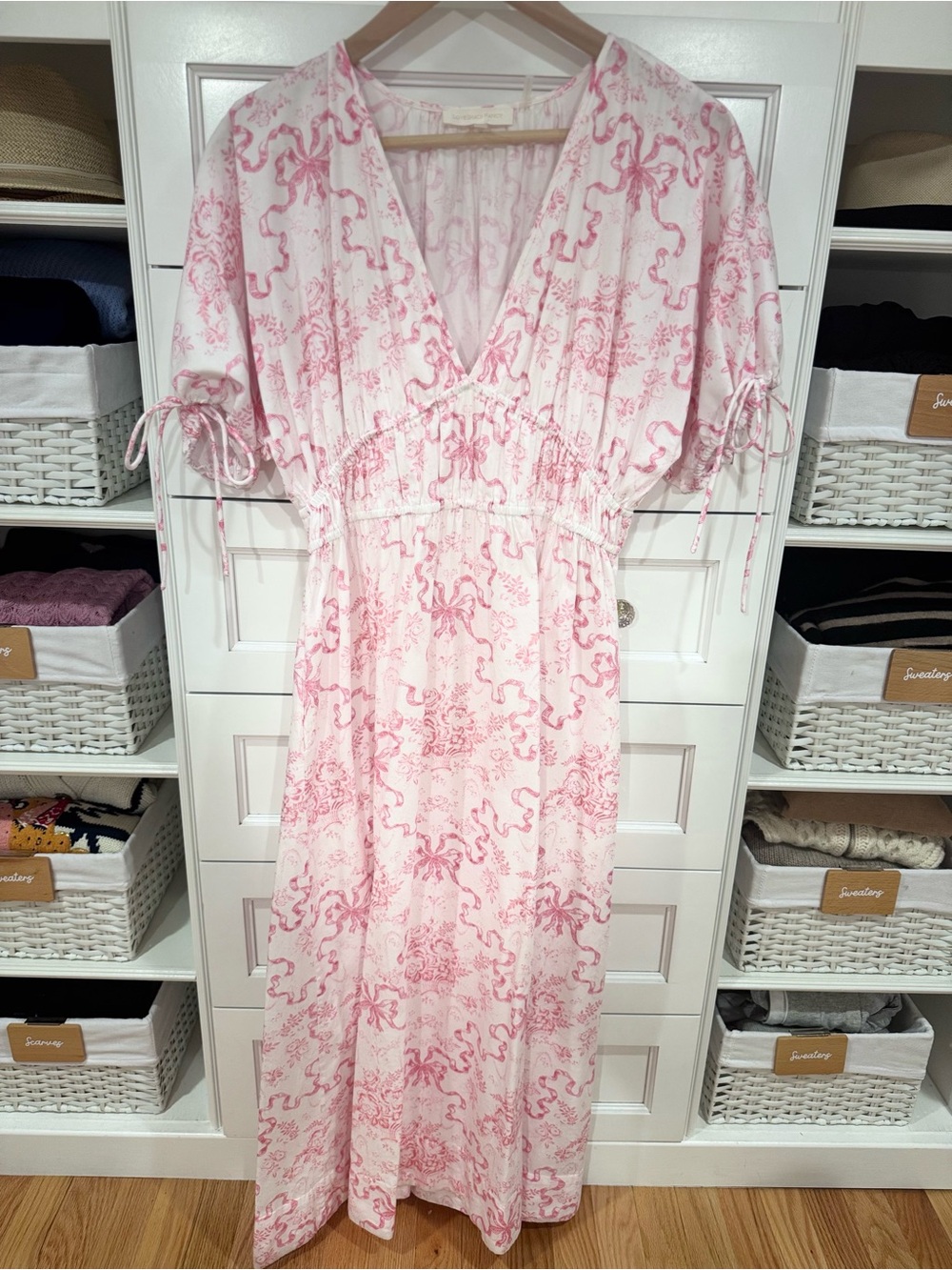 LoveShackFancy Pink Mastey V-Neck Midi Dress